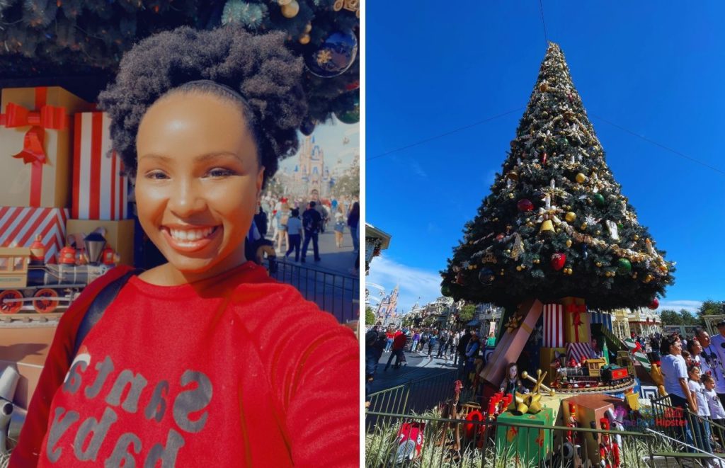 Disney Magic Kingdom With NikkyJ in one of her Disney Christmas Outfits. Keep reading to know what to pack and what to wear to Disney World in December for your packing list.