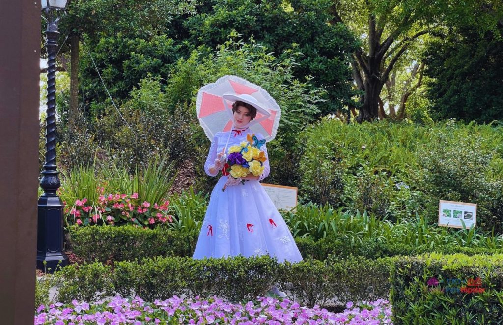 Epcot Flower and Garden Festival Mary Poppins in UK Pavilion. Keep reading to learn about free things to do at Disney World and Disney freebies.