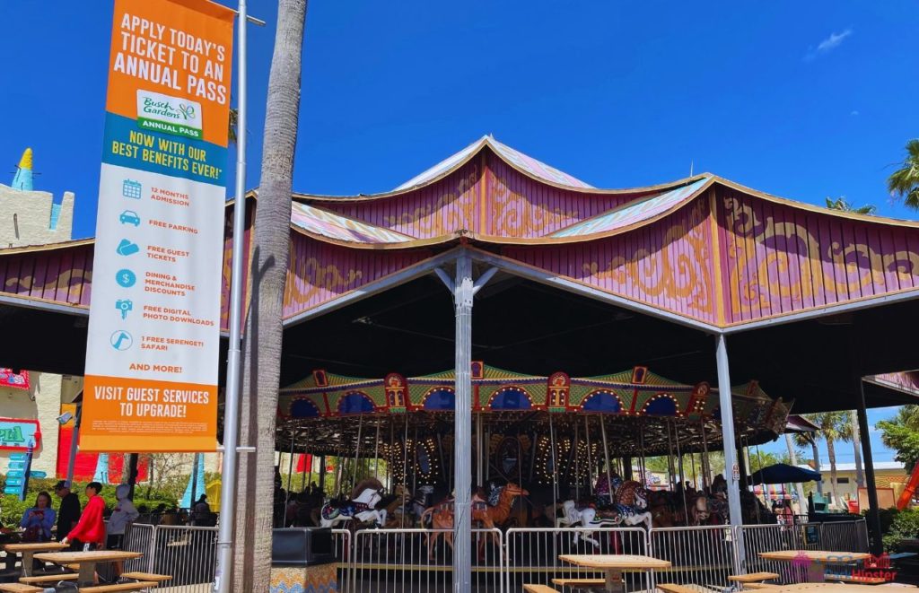 Busch Gardens Tampa Bay carousel ride. Keep reading to learn more about avoiding the Busch Gardens Tampa wait times and if the Busch Gardens Tampa Queue Pass is worth it...
