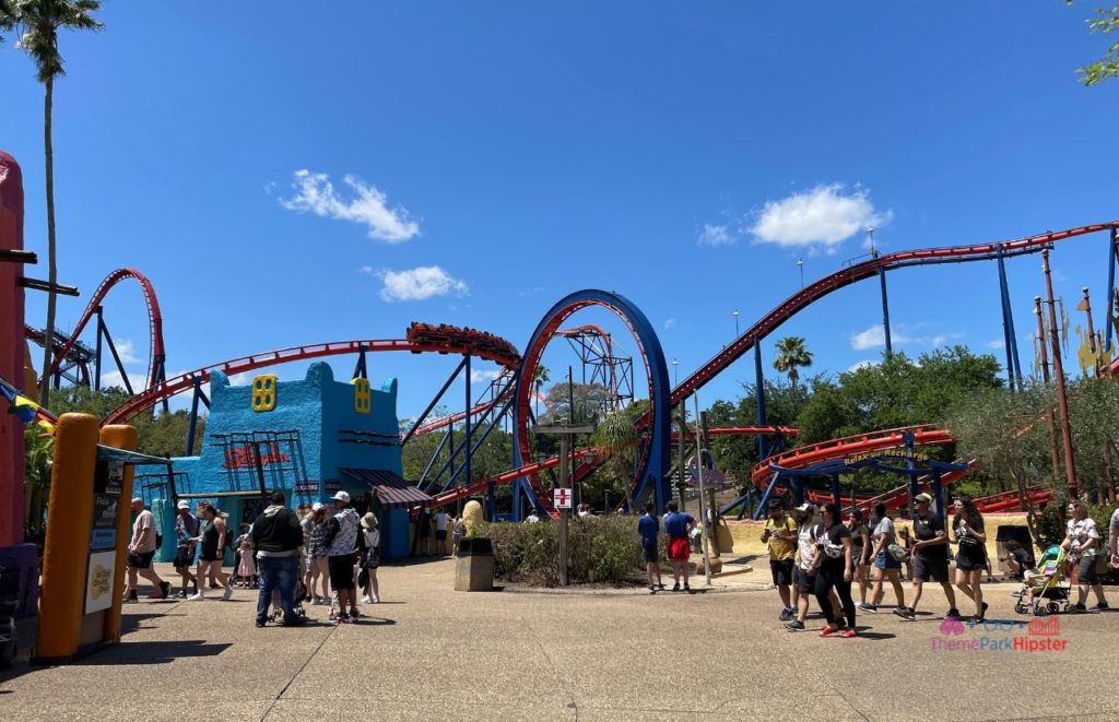 Busch Gardens Tampa Bay wide shot of scorpion roller coaster. One of the best rides at Busch Gardens Tampa Bay Florida.