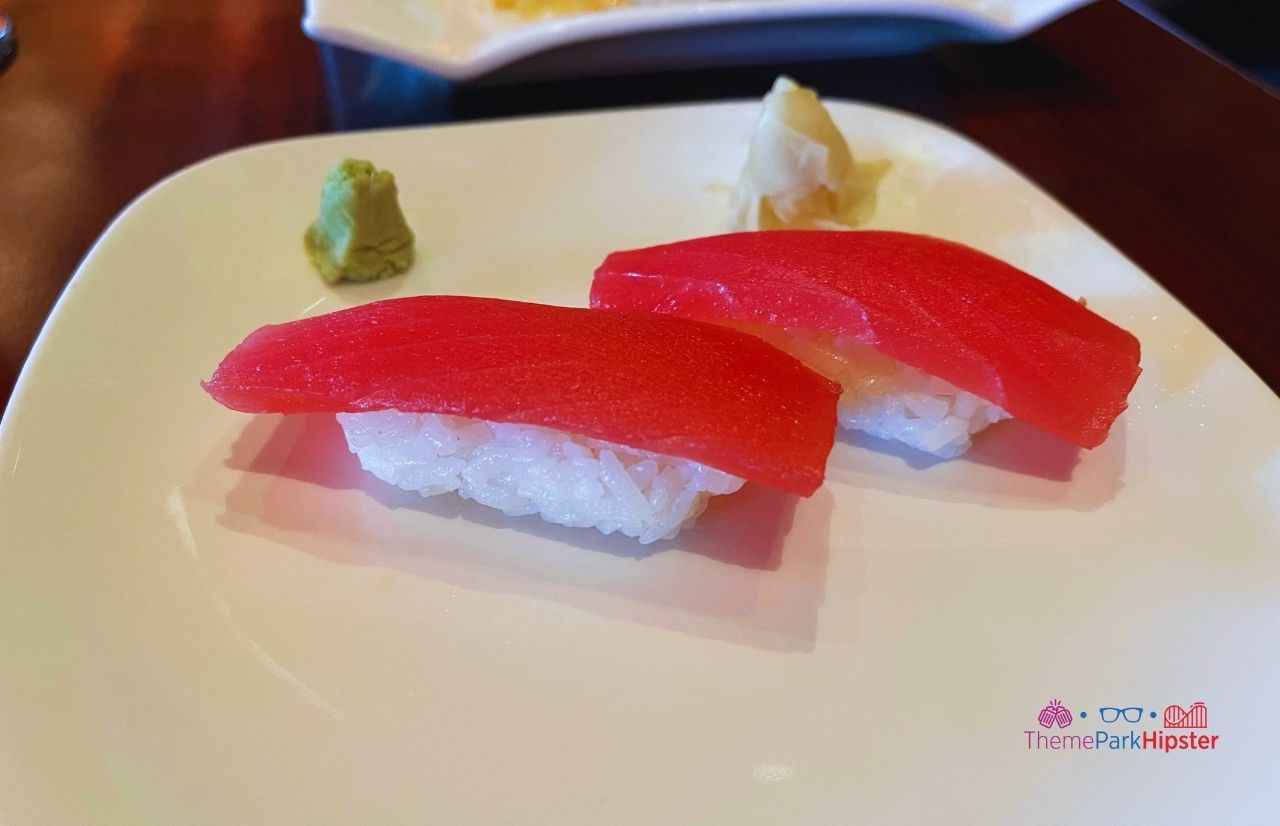 Tokyo Dining Restaurant in Epcot Japan Pavilion Tuna Nigiri. Keep reading to find out which EPCOT Japanese Restaurant is the BEST?