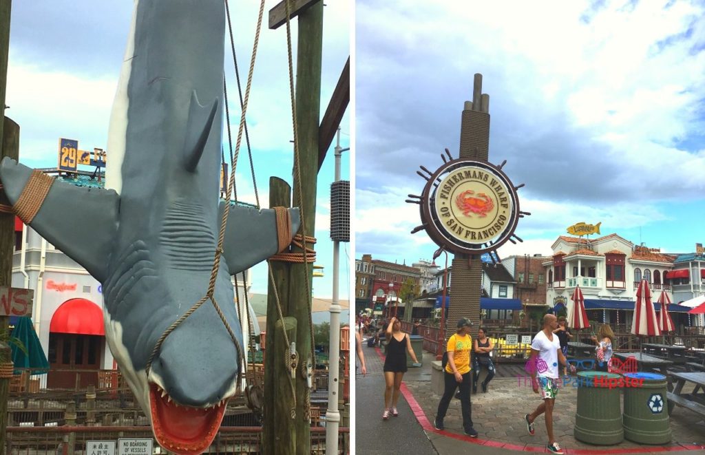 Double photo of Bruce the Shark hanging upside down at Fishermans Wharf of San Francisco at Universal Studios, Florida, and the second photo of theme park visitors walking around Fishermans What of San Francisco sign. Keep reading to find out more about the best bars at Universal Orlando.  