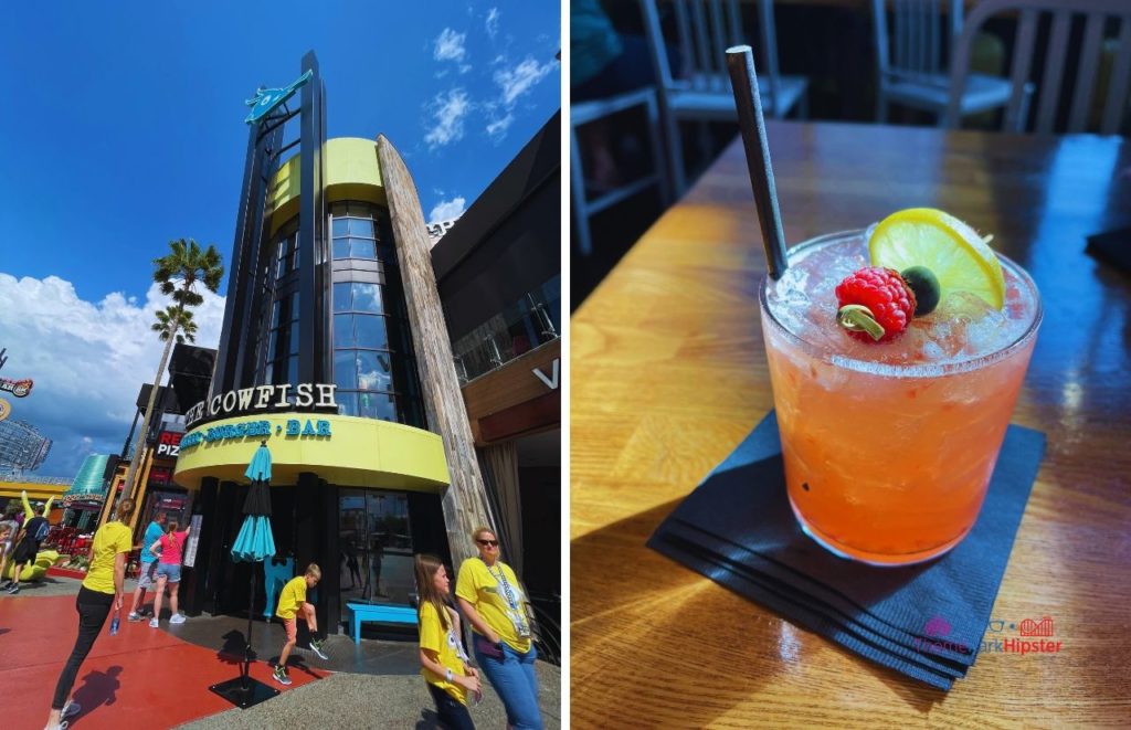 Universal Orlando Resort Cowfish in Citywalk with red cocktail. Keep reading to get the full Guide to Universal CityWalk Orlando with photos, restaurants, parking and more!