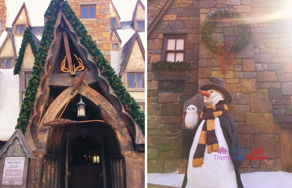 Universal Orlando Resort Entrance to Three Broomsticks next to snowman in Hogsmeade Harry Potter World Islands of Adventure
