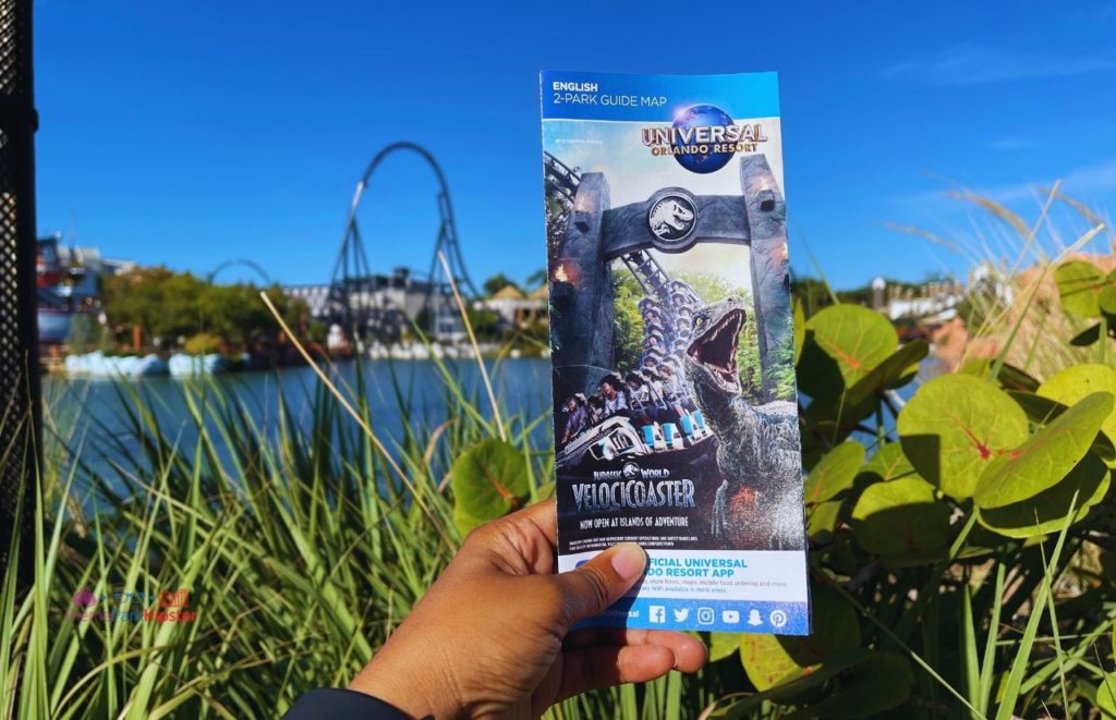 Universal Orlando Resort Lagoon with park map overlooking velocicoaster at Islands of Adventure. Keep reading to get the best Jurassic World Velocicoaster photos.