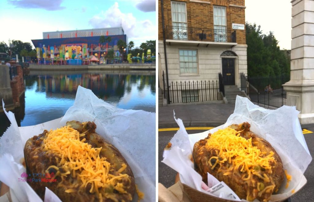 Universal Orlando Resort Loaded Baked Potato in the Wizarding World of Harry Potter. Keep reading to learn about the cheap, best food at Universal Studios Orlando, Florida.