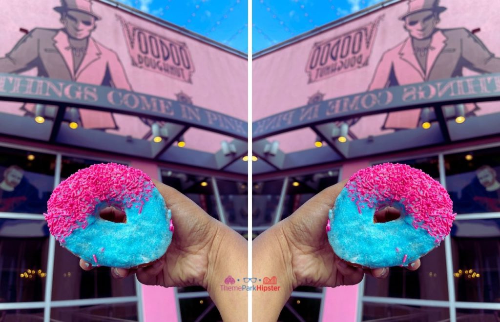 Universal Orlando Resort Miami Vice Pink and Blue donut from Voodoo Doughnut in CityWalk. Keep reading to get the full guide to the Universal Orlando Mobile Order Service 2024.