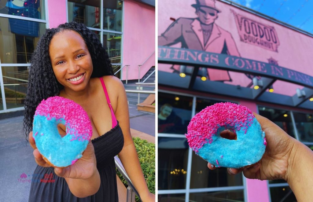 Universal Orlando Resort NikkyJ enjoying Miami Vice Pink and Blue donut from Voodoo Doughnut in CityWalk. Keep reading to get the full Guide to Universal CityWalk Orlando with photos, restaurants, parking and more!
