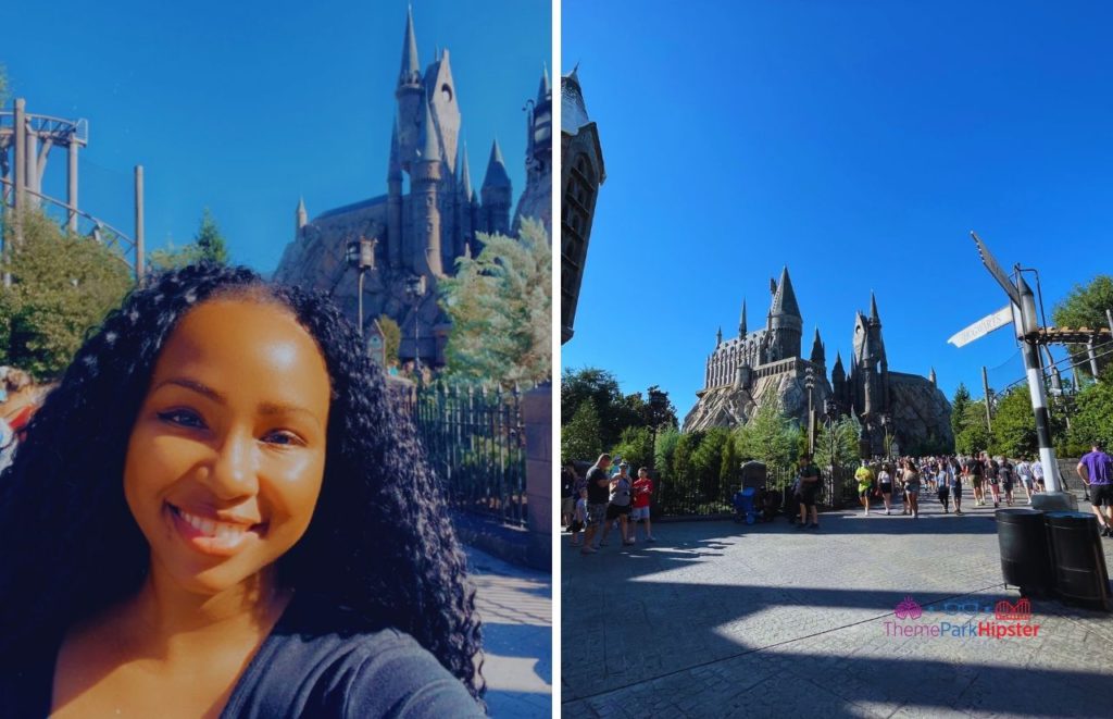 Universal Orlando Resort NikkyJ in front of Hogwarts Castle in the Wizarding World of Harry Potter. Keep reading to learn about going to theme parks alone and solo travel in Florida.