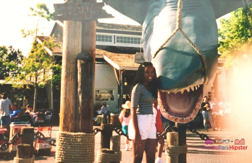 Universal Orlando Resort NikkyJ in front of classic Jaws ride standing next to Bruce the shark in 1997 or 1998.