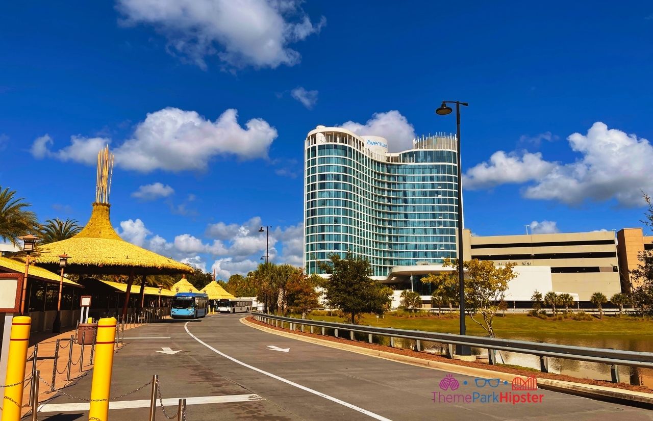 Universal Orlando Resort Volcano Bay Bus Stop with Aventura Hotel in the Background. One of the best hotels at Universal.