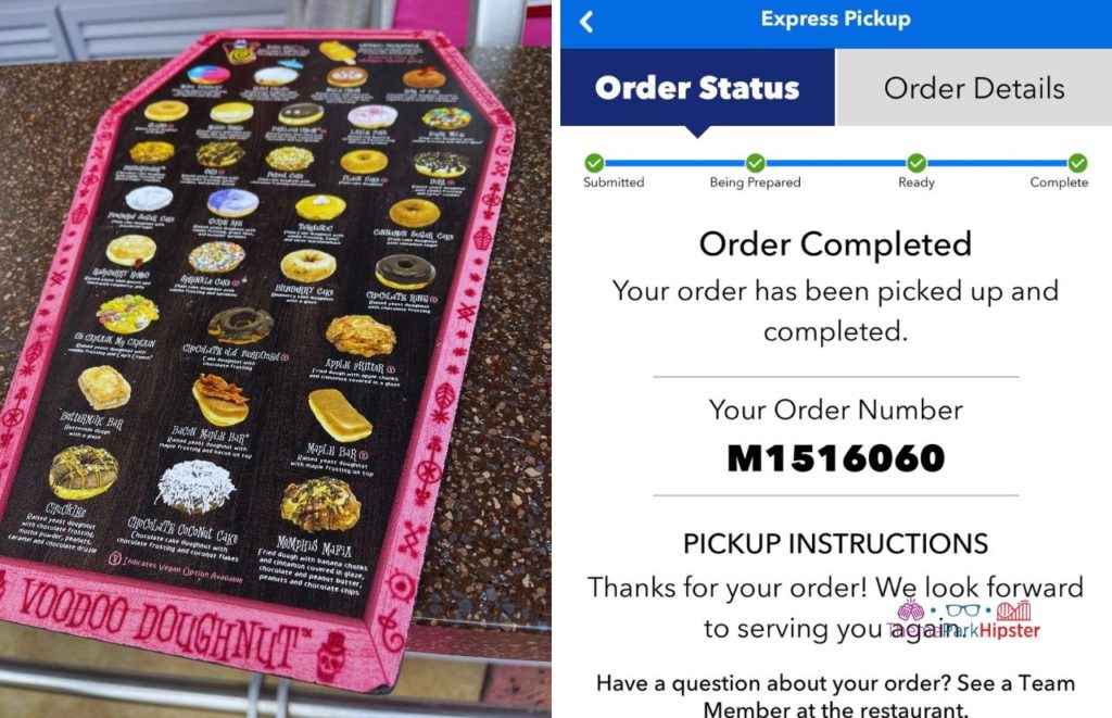 Universal Orlando Resort Voodoo Doughnut Menu for Mobile Ordering and express pickup screenshot of order completion with pickup instructions.