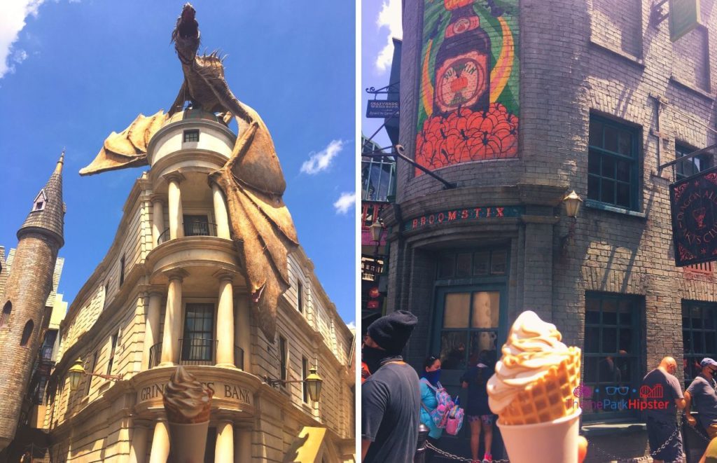 Universal Orlando Resort butterbeer soft serve in front of gringotts bank and pumpkin juice sign at Florean Fortescues Ice Cream Shop in the Wizarding World of Harry Potter Diagon Alley