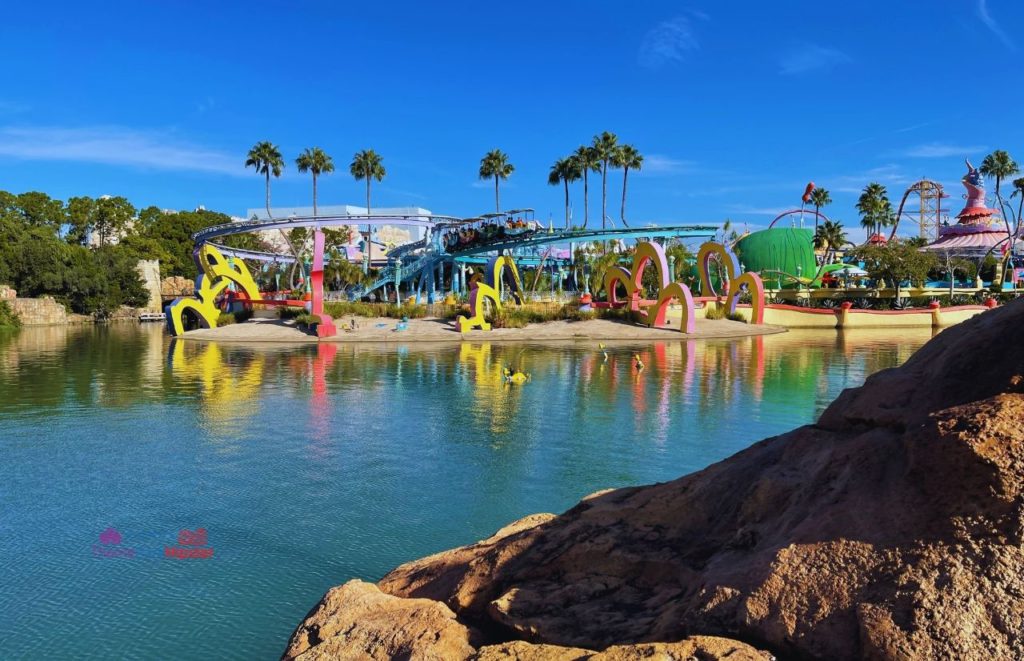 Universal Orlando Resort lagoon overlooking Trolley Ride in Seuss Landing at Islands of Adventure. Keep reading to get the best Universal's Islands of Adventure photos!