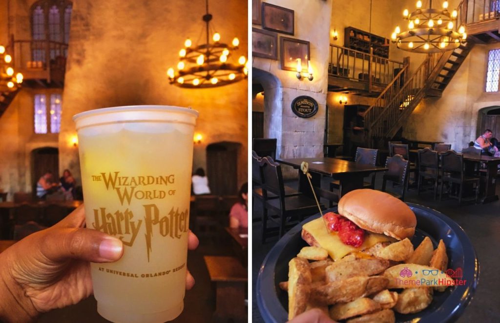 Universal Orlando Resort nice lemon drink and chicken dinner at The Leaky Cauldron of Diagon Alley in the Wizarding World of Harry Potter