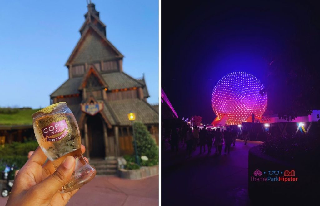 Epcot Food and Wine Festival wine in Norway Pavilion next to Spaceship Earth at Night. Keep reading to get the top 10 best shows at Disney World.