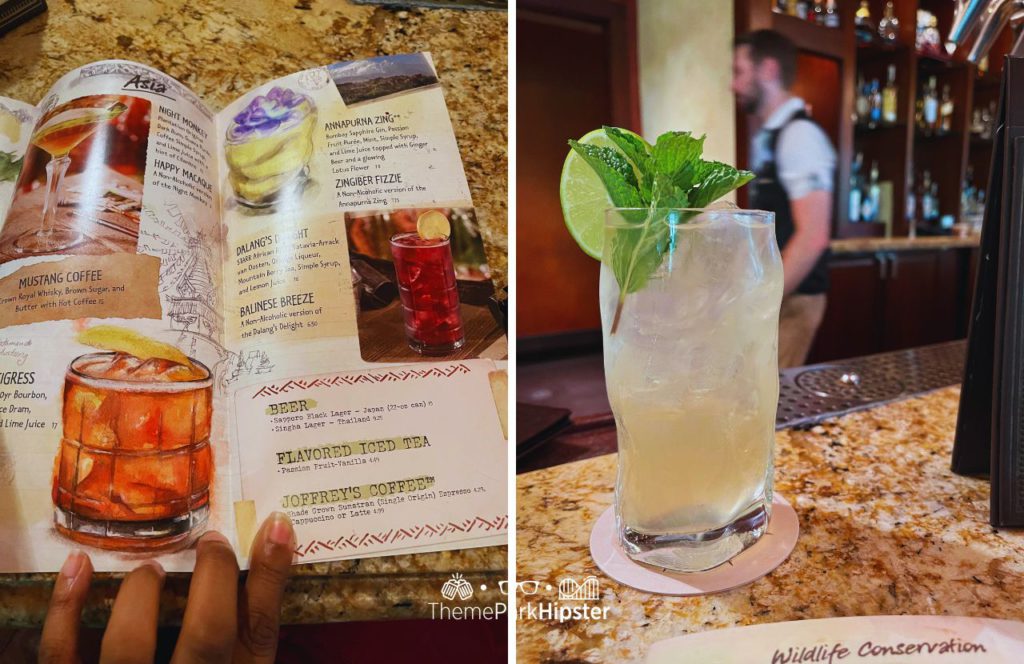 Nomad Lounge at Disney's Animal Kingdom Theme Park Snow Leopard Salvation Cocktail Drink and Menu. One of the best alcoholic drinks at Animal Kingdom.