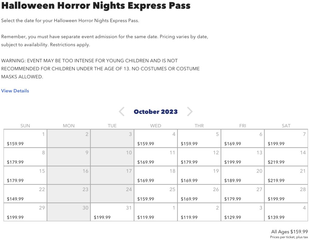 2023 Halloween Horror Nights Express Pass Cost and Prices