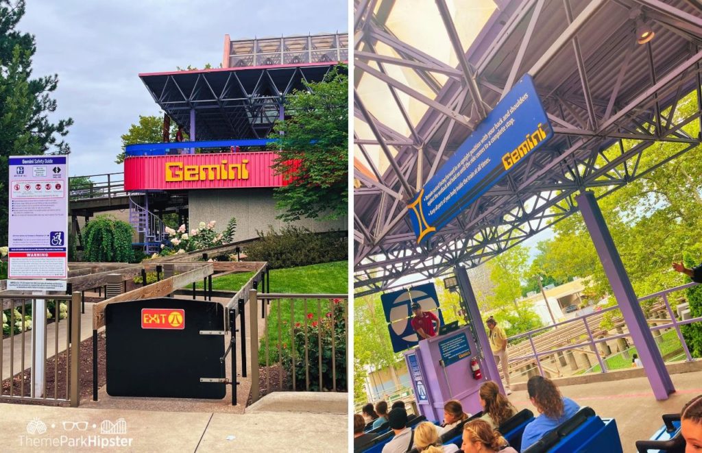 Double photo of Cedar Point Gemini Roller Coaster Entrance and ride loading area. Keep reading to find out more about the best things to do at Cedar Point. 