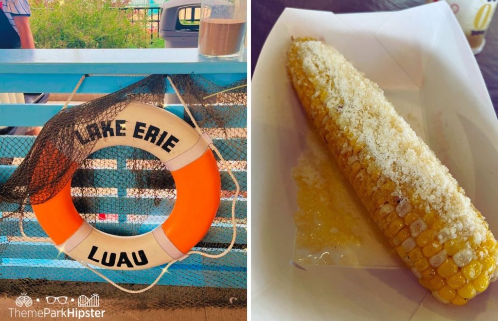 Cedar Point Nights Beach Party and Lake Erie Luau entrance next to yellow Corn on the Cob topped with Parmesan