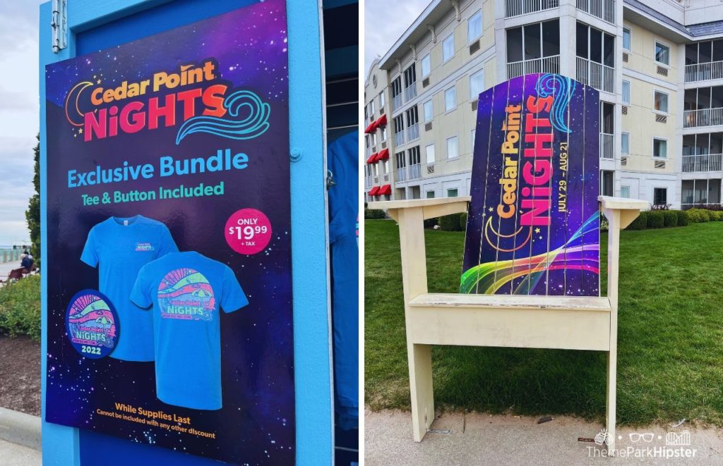 Cedar Point Nights Merchandise Bundle and Large Chair in front of Hotel Breakers