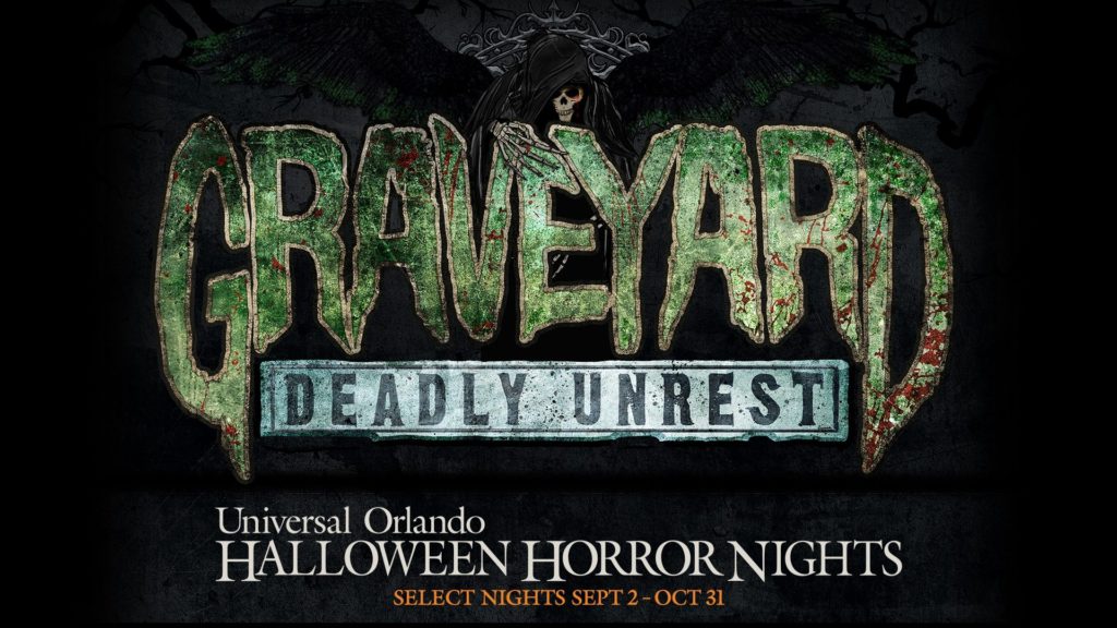 Scare zone Graveyard Deadly Unrest  poster for Universal Studios HHN 31 Halloween Horror Nights 2022. Keep reading to find out more about Scare zones at Halloween Horror Nights.