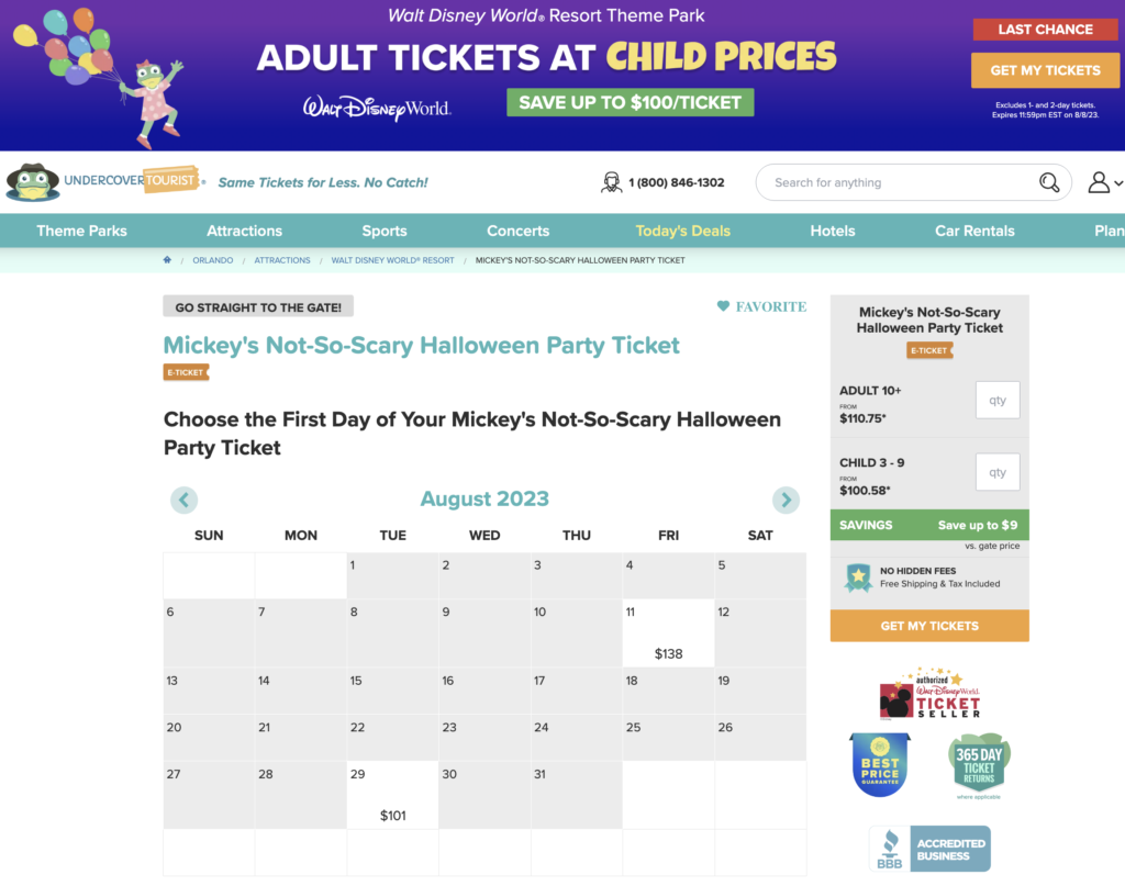 Undercover Tourist Mickey's Not So Scary Halloween Party Tickets