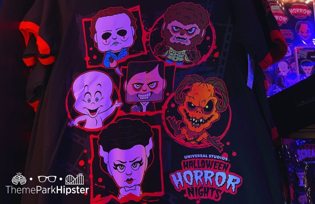 Monster shirt with Casper the friendly ghost, the Pumpkin King, the director, Michael Myers and Wolfman from The Tribute Store merchandise HHN 31 Halloween Horror Nights 2022 Universal Orlando. Keep reading to find out more about scare zones at Halloween Horror Nights