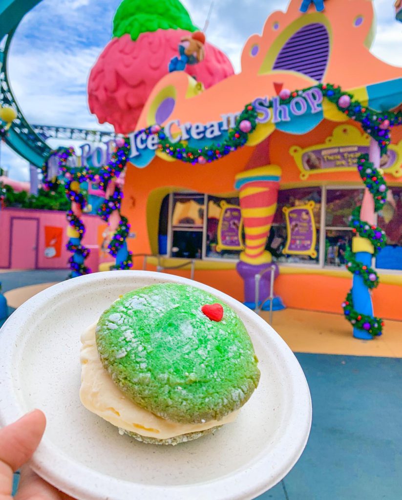 Grinch Ice Cream Sandwich at Universal Islands of Adventure during the holidays. Keep reading to learn about the best things to do at Universal Studios for Christmas.