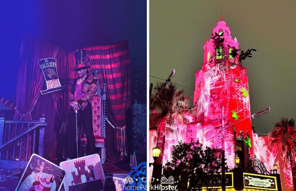 Dr. Facilier from Princess and the Frog next to Carthay Circle Halloween at Disneyland and Disney California Adventure Oogie Boogie Bash Party. Keep reading to get the best restaurants at Disneyland for adults.