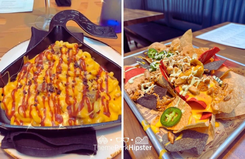 Loaded Nachos and Mac and Cheese with Cavatappi pasta covered in cheddar queso, pulled short rib, Hershey's chocolate BBQ sauce and Cacao nib gremolata at Hersheypark Chocolatier Restaurant