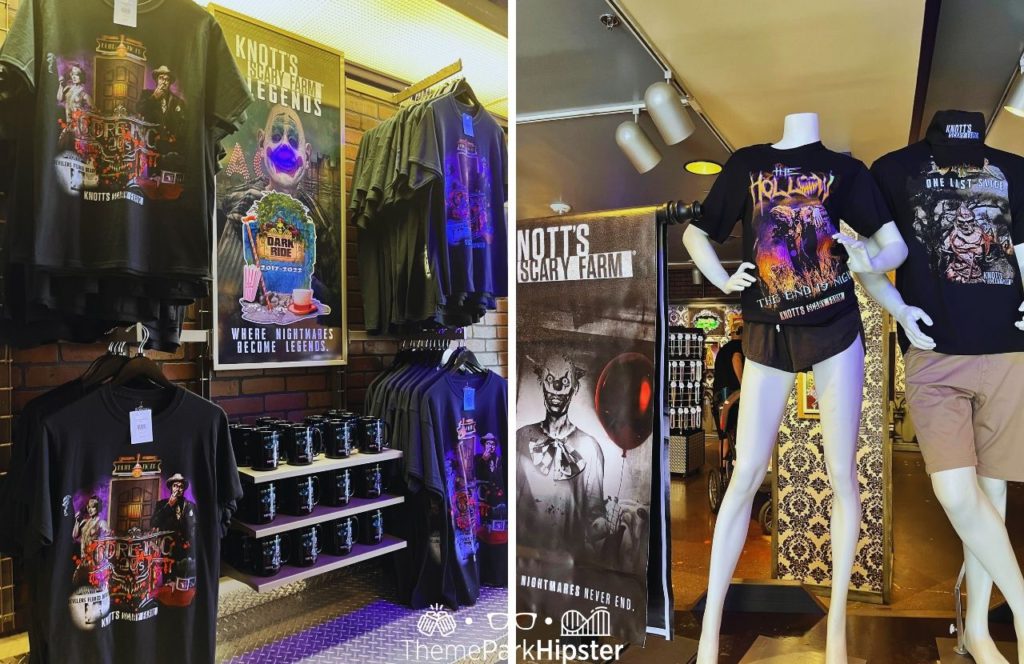 Merchandise for Knott's Scary Farm of shirts, mugs, posters and hats. Keep reading to learn more about Knott’s Scary Farm haunted houses. 