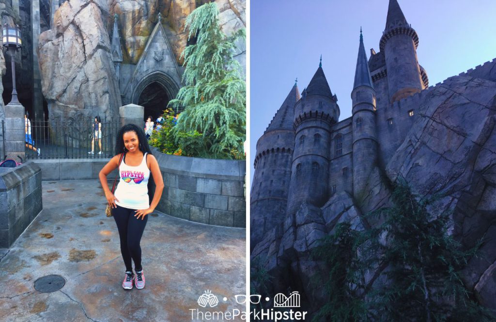 NikkyJ in front of Hogwarts Castle in Harry Potter and the Forbidden Journey Universal Studios. Keep reading to get the best Universal Studios packing list and what to pack for Universal Orlando Resort.