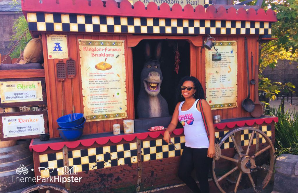 NikkyJ with Donkey from Shrek Universal Studios Hollywood California. Keep reading to get the best Universal Studios Hollywood Tips, Tricks and Secrets!