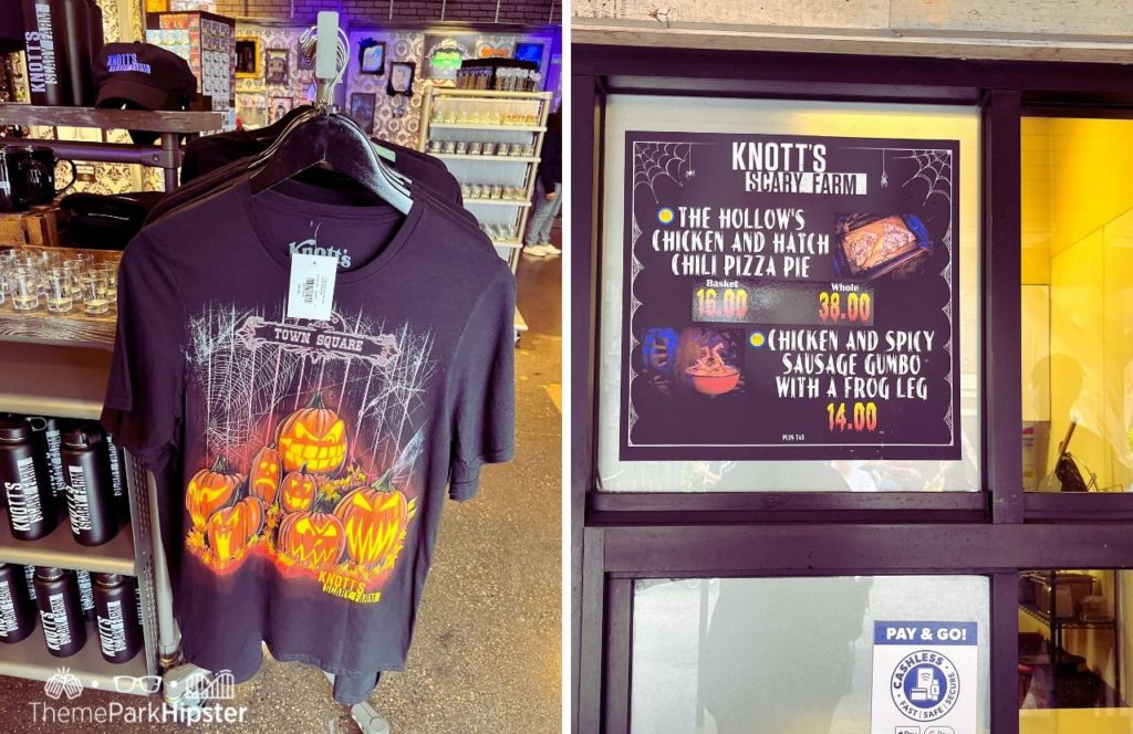 Pumpkin shirt merchandise and Food menu at Knott's Berry Farm at Halloween Knott's Scary Farm