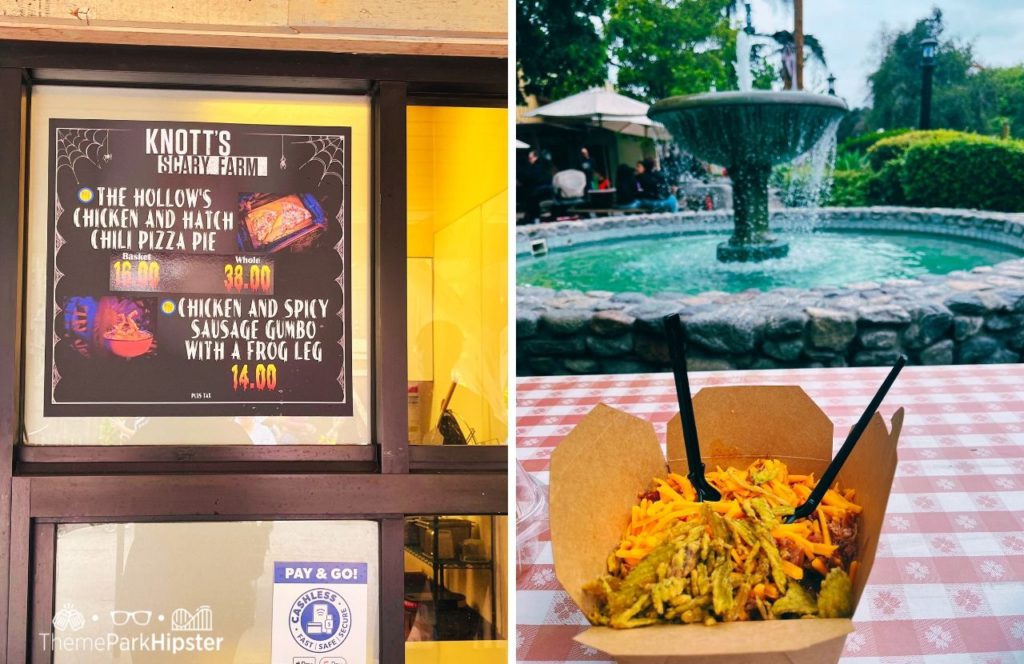 The Hollow's Chicken and Hatch Chili Pizza Pie and Gumbo Food at Knott's Berry Farm at Halloween Knott's Scary Farm