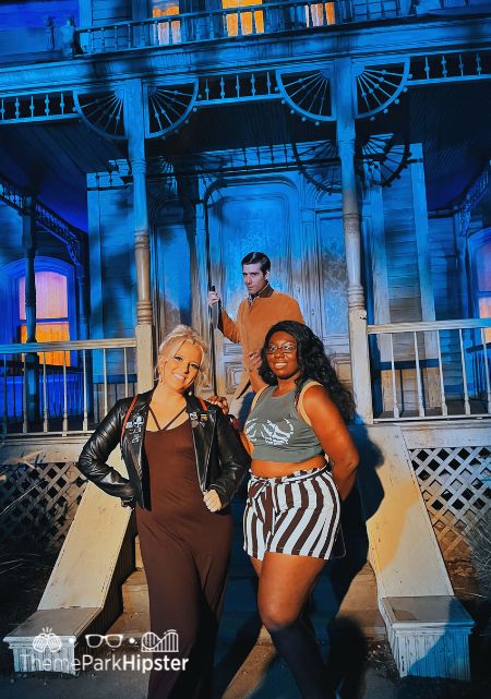 Victoria Wade, Norman Bates, and Friend on Terror Tram Backlot Studio Tour with Bates Motel Universal Studios Hollywood Halloween Horror Nights. Keep reading to see why I love being a solo traveler and traveling to theme parks alone.