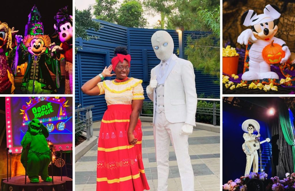 Victoria Wade as Dolores Madrigal from Encanto at Halloween at Disneyland and Disney California Adventure Oogie Boogie Bash Party. Keep reading to get outfit ideas and what to wear to Disneyland in October.