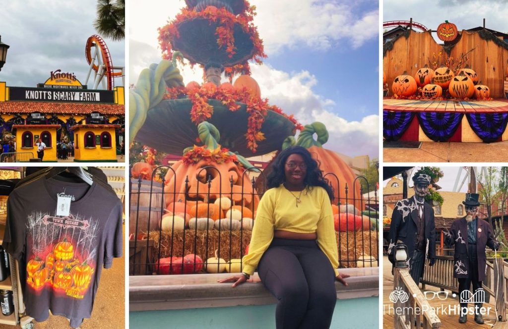 Victoria Wade at Knott's Berry Farm during Halloween Knott's Scary Farm showcasing the entrance Halloween merchandise, jack o lanterns and scare actors and display. Keep reading to learn more about Knott’s Scary Farm houses.