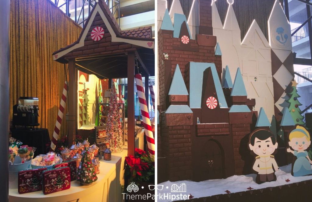 Holiday Food Stand at Disney Contemporary Resort Cinderella and Mary Blair Gingerbread house Castle. One of the best things to Do at Disney World for Christmas