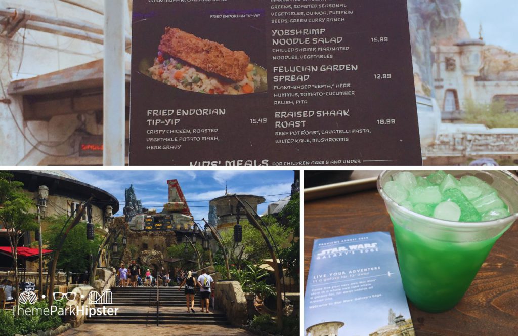 Menu and Cocktail at Docking Bay 7 Food and Cargo Restaurant in Star Wars Land at Disney's Hollywood Studios and Disneyland. One of the BEST Things to Eat at Docking Bay 7 in Disney.