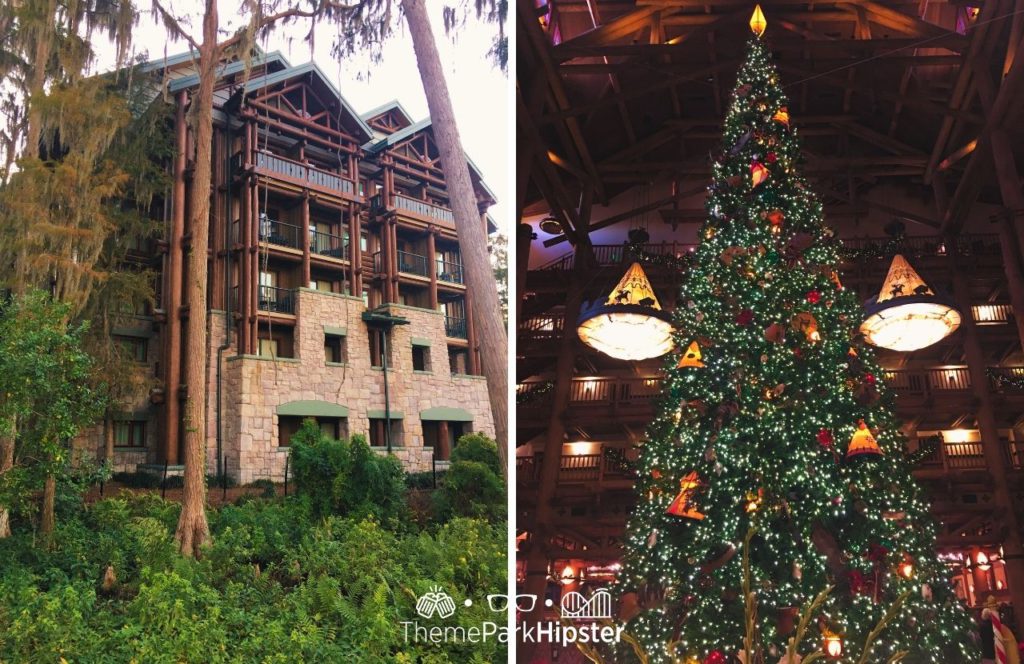 Outdoor woody area of Disney Wilderness Lodge at the holidays with Large Christmas Tree. One of the best things to Do at Disney World for Thanksgiving Day 2023.