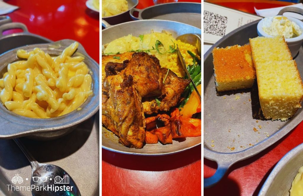 Whispering Canyon Cafe at Disney Wilderness Lodge. Roasted Chicken, mashed potatoes, carrots, green beans mac and cheese, and cornbread. One of the best things to Do at Disney World for Christmas