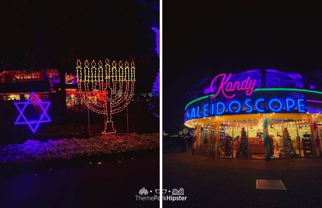 Hanukkah Menorah next to Kandy Kaleidoscope. Kennywood Christmas Lights at the Holiday Lights Event 2023