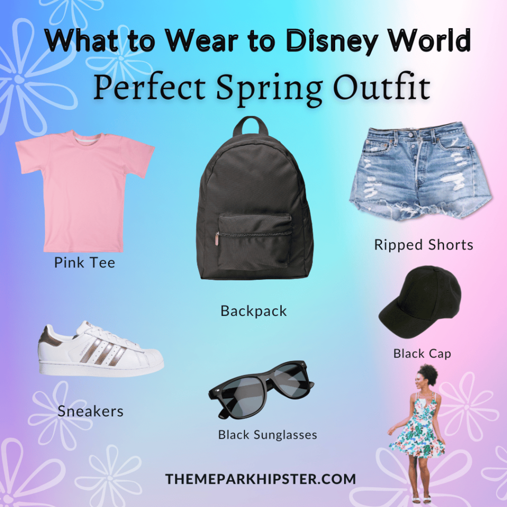 Main Disney Outfit pink shirt with black backpack, ripped jean shorts, white sneakers, black sunglasses, black cap and lady in sundress. Keep reading to know what to pack and what to wear to Disney World in July for your packing list.