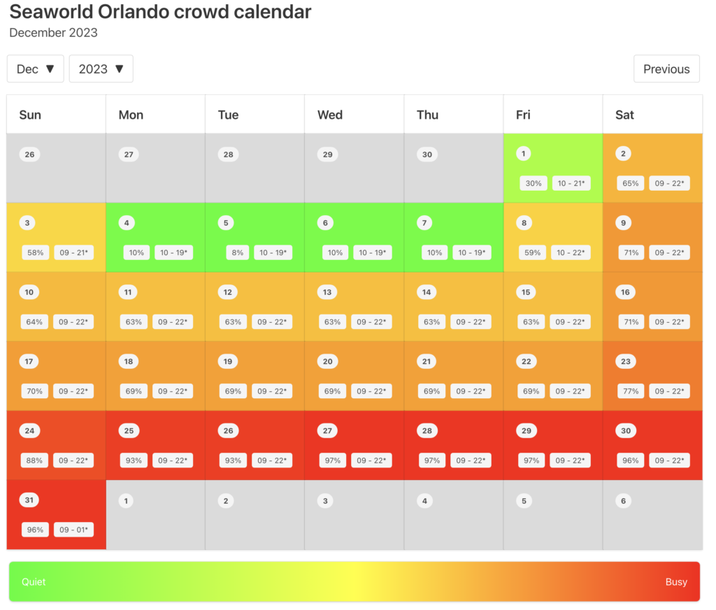 SeaWorld Orlando Crowd Calendar December 2024