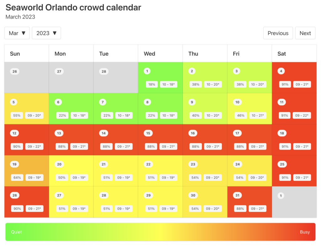 SeaWorld Orlando Crowd Calendar March 2024