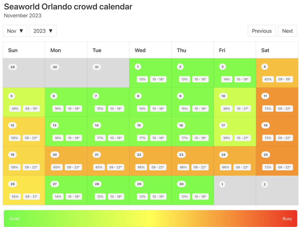 SeaWorld Orlando Crowd Calendar November 2024
