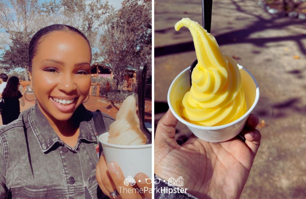 Universal Orlando Resort NikkyJ eating Dole Whip at Wimpy's in Islands of Adventure Toon Lagoon. Keep reading to learn how to socialize on your solo theme park trip and how to talk to people.