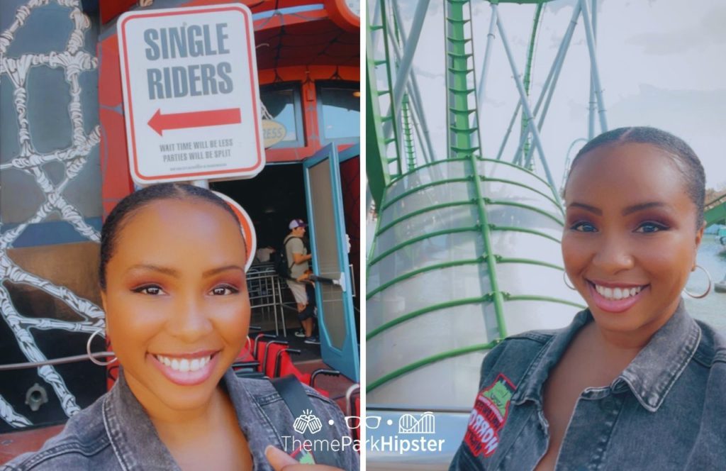 Universal Orlando Resort NikkyJ in front of Spider Man Single Rider line and the Hulk Roller Coaster. Keep reading to get the best things to do at Universal Islands of Adventure on a solo trip.